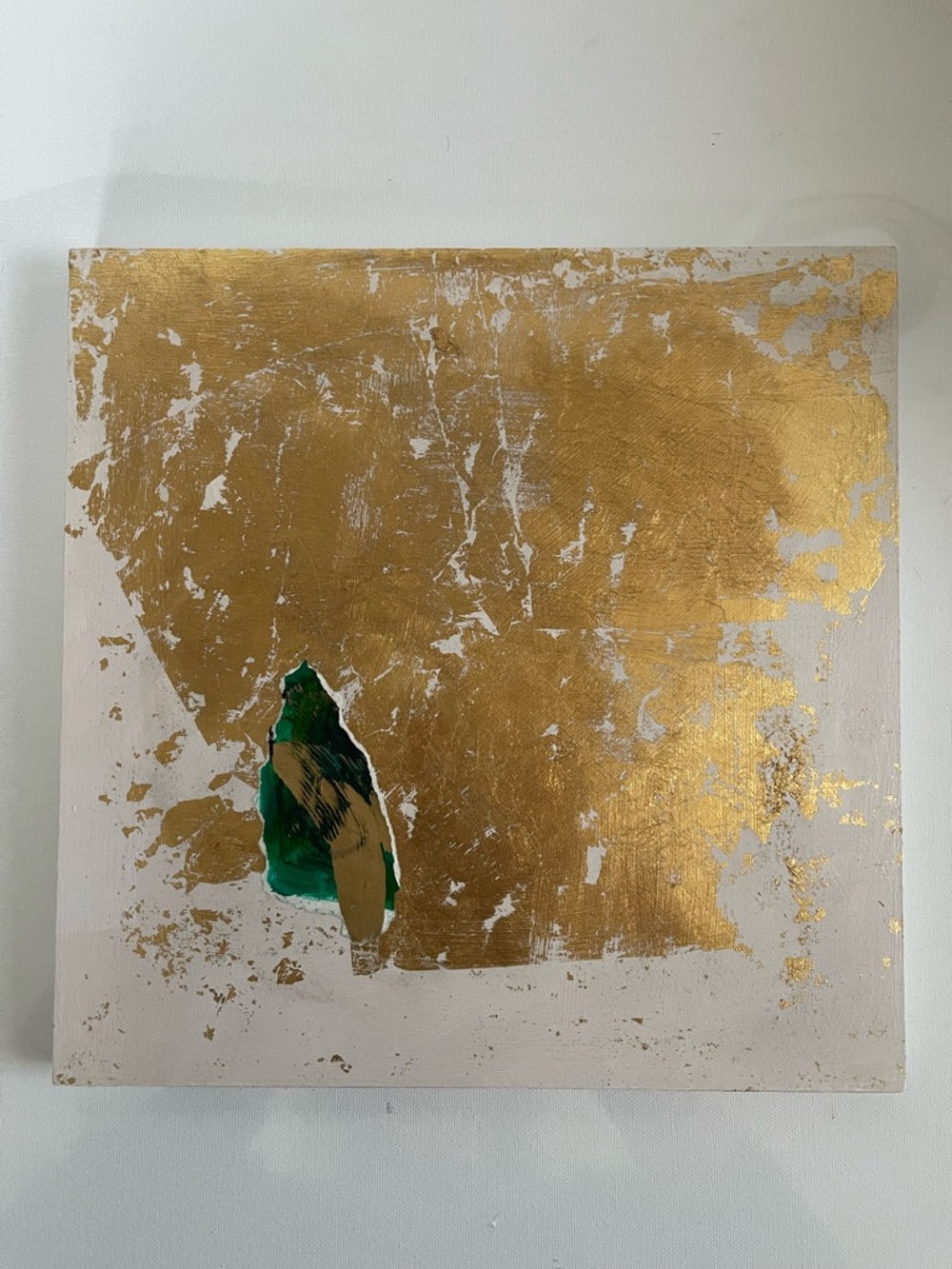 Original Art Abstract Golden Leaf Wall Art with Green Accent Home Decor Modern